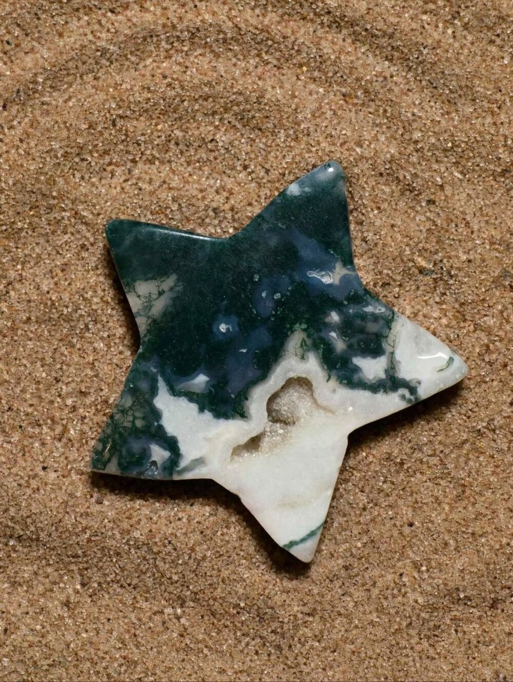2" Carved Natural Moss Agate Star Crystal, Glistening Druzy Quartz Geode Pocket